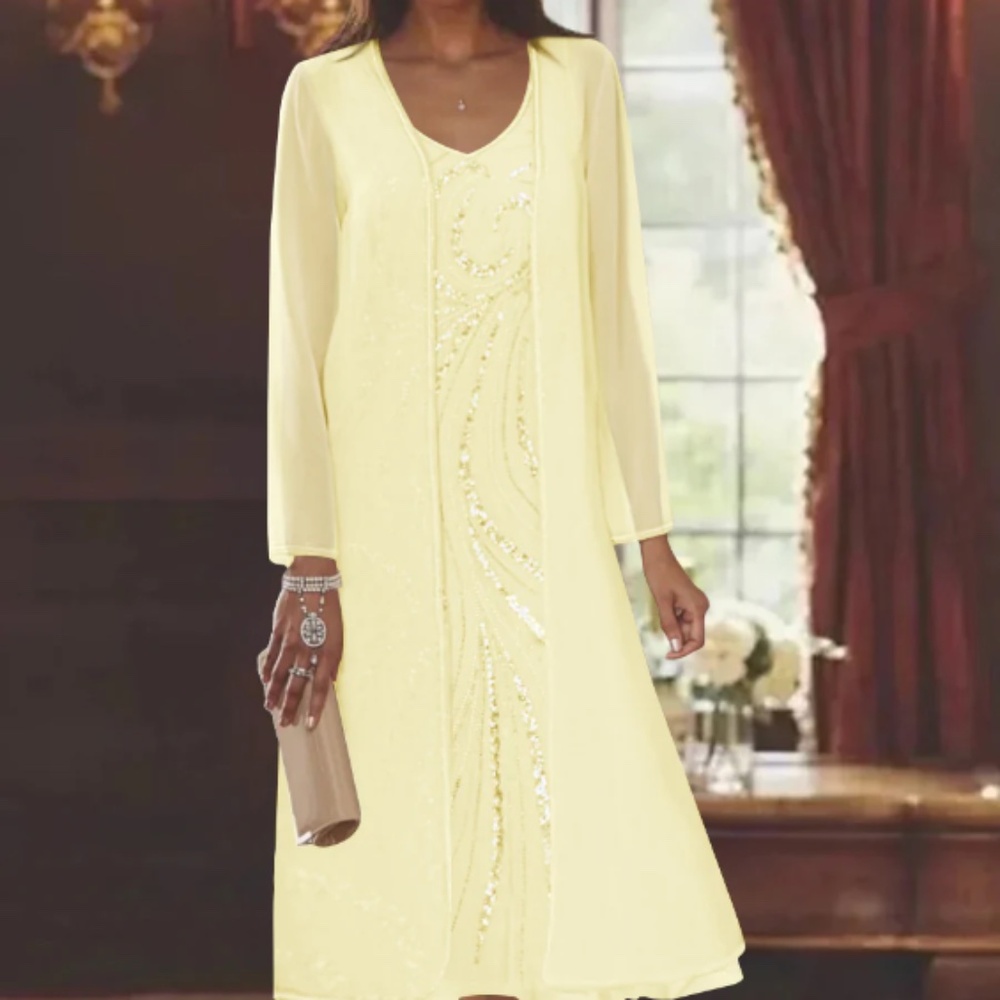 Sheath Column long sleeve yellow tea length sized 16w